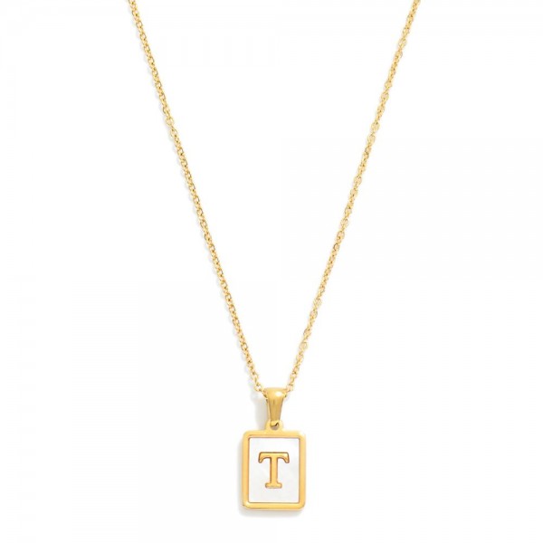 Wholesale dainty Stainless Steel Chain Link Necklace Mother Pearl Inlay Initial