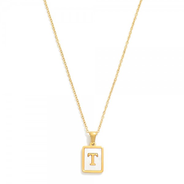 Dainty Stainless Steel Chain Link Necklace Featuring Mother-of-Pearl Inlay Initial Pendant 

- 18K Gold Plated Stainless Steel*
- Approximately 16" L (no extender) 


* Stainless Steel is Hypoallergenic, Waterproof, Fade-resistant and Tarnish-Resistant 