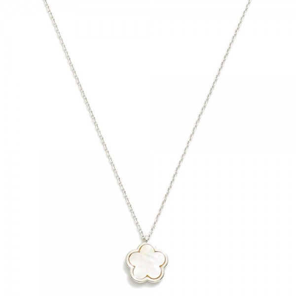 White Gold Dipped Dainty Chain Link Necklace Featuring Flower Pendant 

- Approximately 15" L
- Extender 2" L 