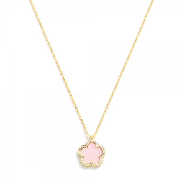 Gold Dipped Dainty Chain Link Necklace Featuring Flower Pendant With Rhinestone Border

- Approximately 15" L
- Extender 2" L 