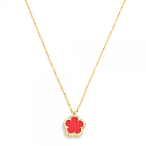 Gold Dipped Dainty Chain Link Necklace Featuring Flower Pendant With Rhinestone Border

- Approximately 15" L
- Extender 2" L 