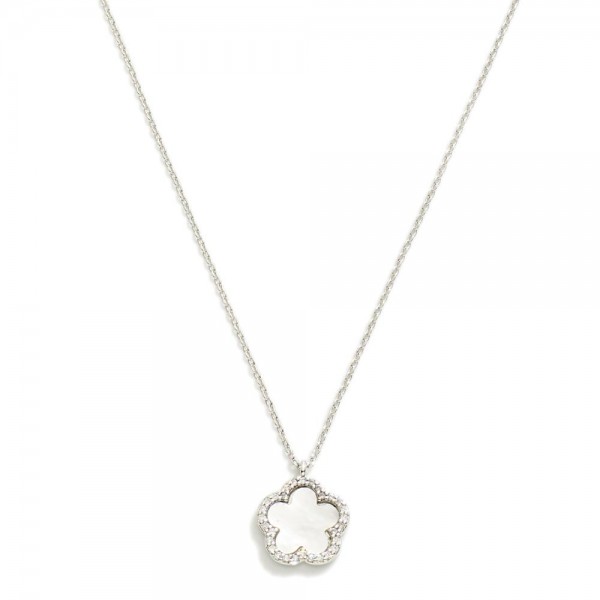 Gold Dipped Dainty Chain Link Necklace Featuring Flower Pendant With Rhinestone Border

- Approximately 15" L
- Extender 2" L 