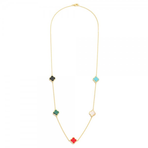 Gold Dipped Chain Link Necklace Featuring Clover Stations 

- Approximately 24" L 
- No Extender