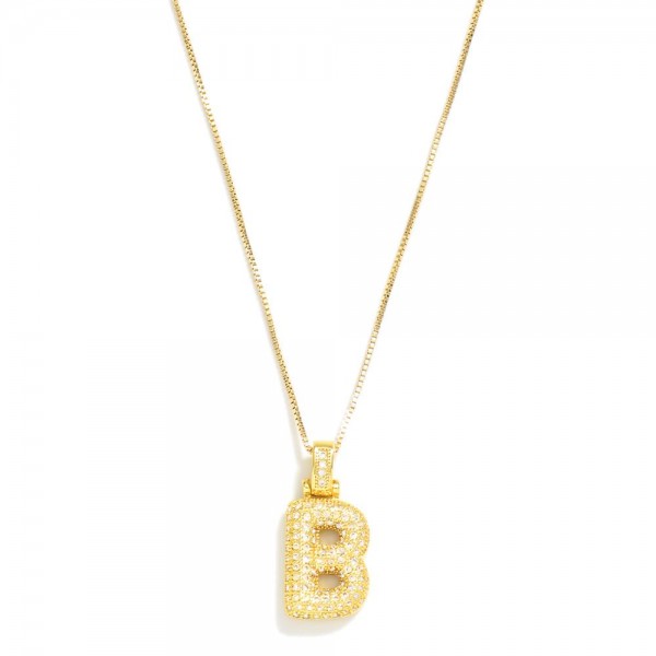 Box Chain Necklace Featuring Rhinestone Studded Bubble Initial Pendant 

- Approximately 18" L
- Extender 2" L