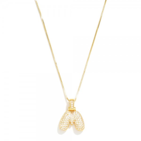 Box Chain Necklace Featuring Rhinestone Studded Bubble Initial Pendant 

- Approximately 18" L
- Extender 2" L