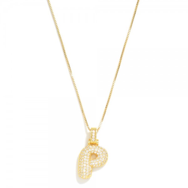 Box Chain Necklace Featuring Rhinestone Studded Bubble Initial Pendant 

- Approximately 18" L
- Extender 2" L