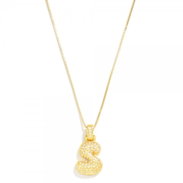 Box Chain Necklace Featuring Rhinestone Studded Bubble Initial Pendant 

- Approximately 18" L
- Extender 2" L