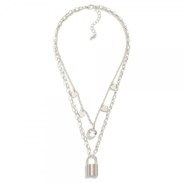 Layered Chain Link Necklace Featuring Heart & Lock Metal Pendants 

- Approximately 20" L
- Extender 2" L