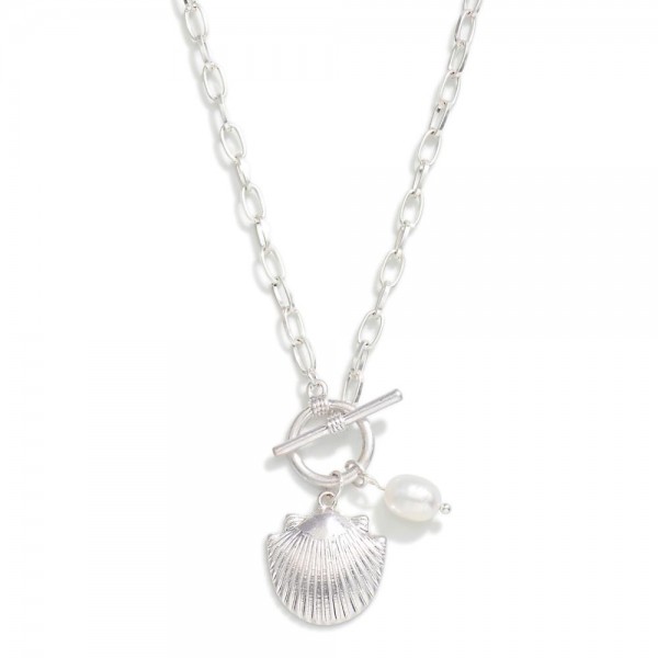 Chain Link Necklace Featuring Toggle Closure With Freshwater Pearl & Shell Pendant 

- Approximately 18" L