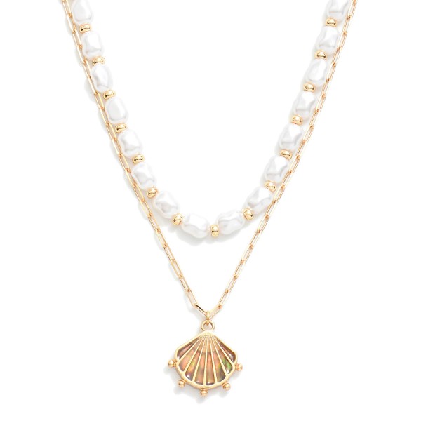 Wholesale layered Paperclip Chain Link Necklace Pearls Shell Pendant L Extender