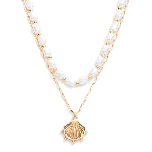 Layered Paperclip Chain Link Necklace Featuring Pearls & Shell Pendant 

- Approximately 16" L
- Extender 3" L