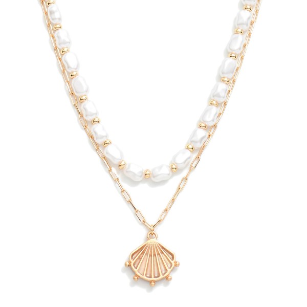 Wholesale layered Paperclip Chain Link Necklace Pearls Shell Pendant L Extender