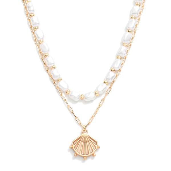 Layered Paperclip Chain Link Necklace Featuring Pearls & Shell Pendant 

- Approximately 16" L
- Extender 3" L