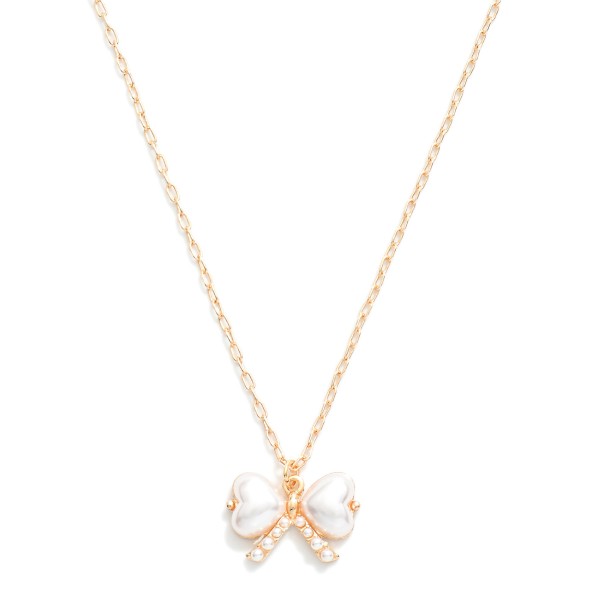 Chain Link Necklace Featuring Pearl Heart Bow Pendant 

- Approximately 15" L
- Extender 3" L