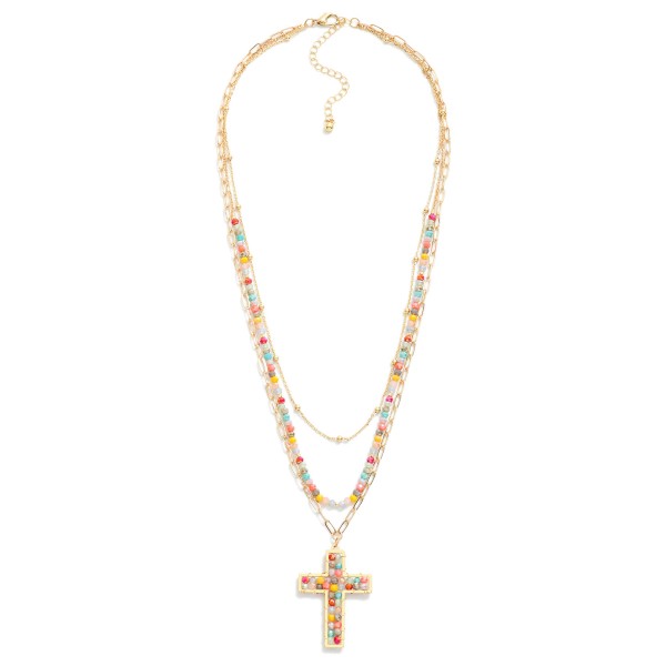 Layered Chain Link and Faceted Bead Necklace Featuring Beaded Cross Pendant

- Approximately 18" L
- Extender 3" L