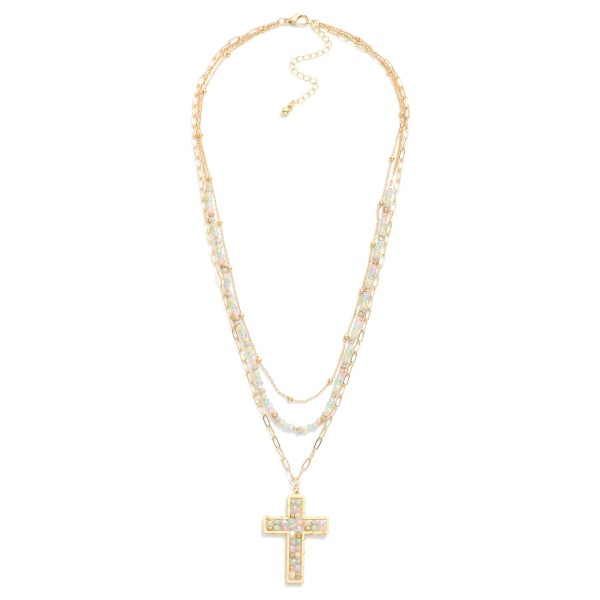 Wholesale layered Chain Link Faceted Bead Necklace Beaded Cross Pendant L Extend