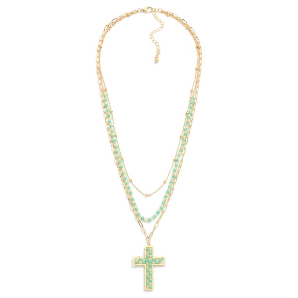 Wholesale layered Chain Link Faceted Bead Necklace Beaded Cross Pendant L Extend