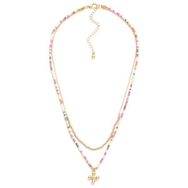 Wholesale layered Beaded Chain Link Necklace Dainty Bead Cross Pendant L Extende