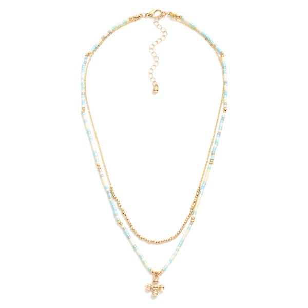 Wholesale layered Beaded Chain Link Necklace Dainty Bead Cross Pendant L Extende