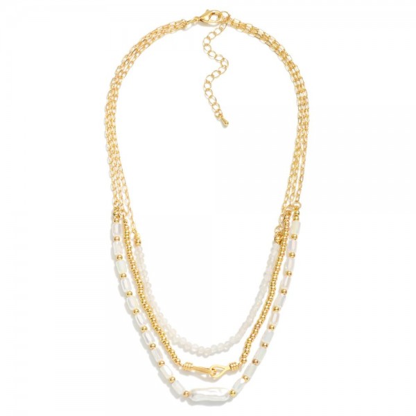 Wholesale layered Beaded Chain Link Necklace Faceted Beads Rectangular Pearl Sta