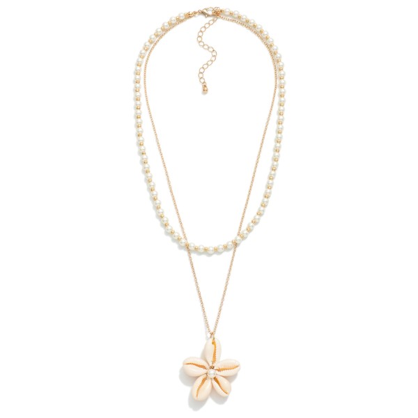 Layered Pearl Beaded Chain Link Necklace Featuring Cowrie Shell Flower Pendant

- Approximately 16-20"L
- Extender 3"L