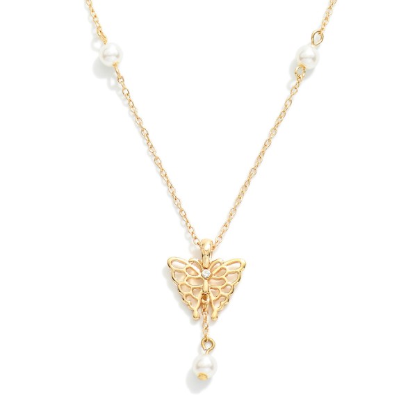 Chain Link Necklace Featuring Butterfly and Pearl Pendant

- Approximately 16" L
- Extender 3" L