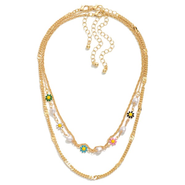 Wholesale gold Layered Chain Link Necklace Enamel Flower Pearl Heart Stations L