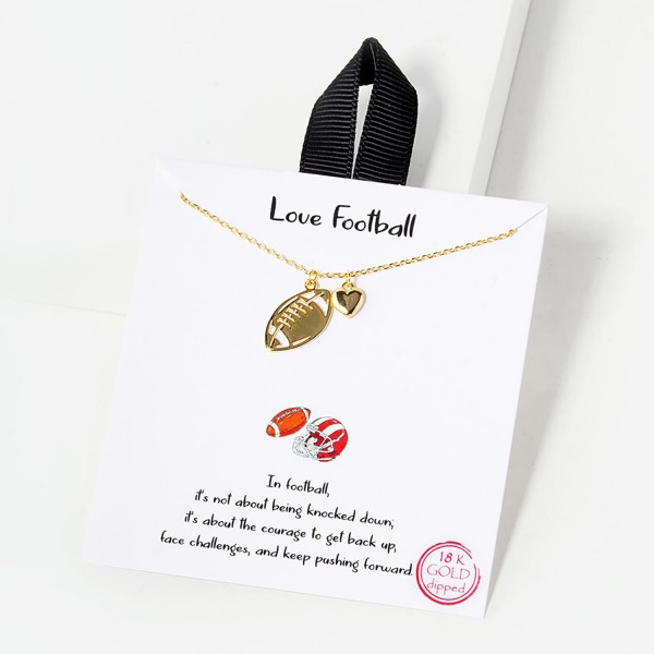 Dainty Chain Link Necklace Featuring Football and Heart Pendants

- Approximately 16" L
- Extender 2" L
- Hypoallergenic Brass Base
- 18K Gold or White Gold Dipped
- Made in Korea
- Card: "In football, it's not about being knocked down; it's about the courage to get back up, face challenges, and keep pushing forward."