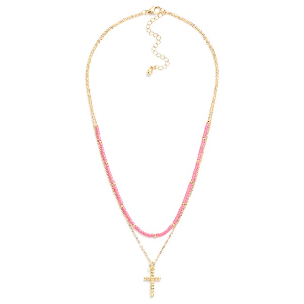 Wholesale layered Chain Link Beaded Necklace Dainty Ball Cross Pendant L Extende