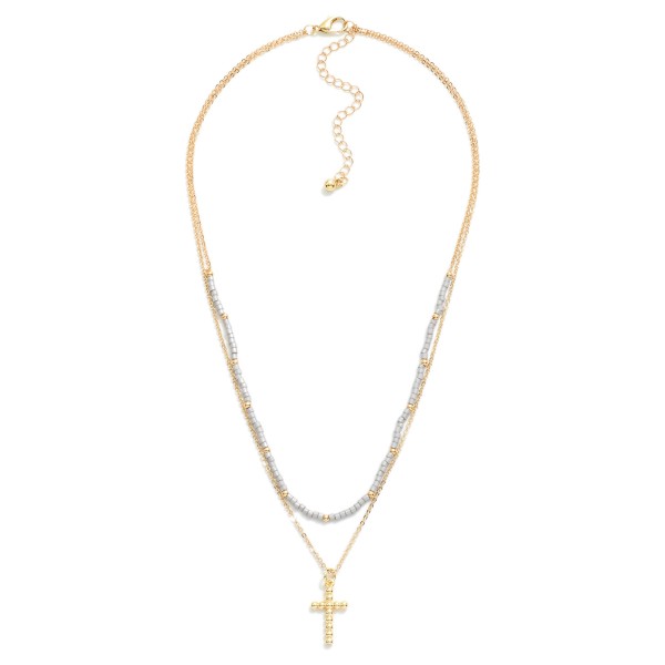 Wholesale layered Chain Link Beaded Necklace Dainty Ball Cross Pendant L Extende
