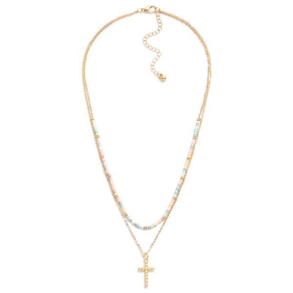 Wholesale layered Chain Link Beaded Necklace Dainty Ball Cross Pendant L Extende