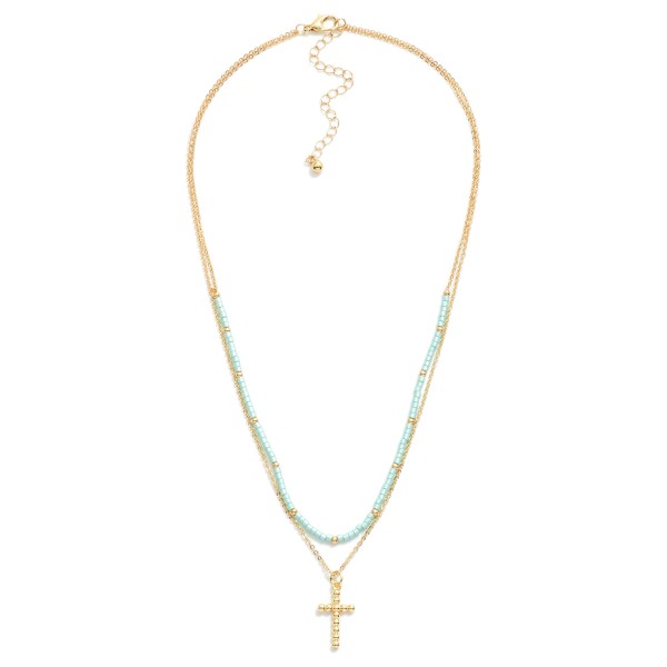 Wholesale layered Chain Link Beaded Necklace Dainty Ball Cross Pendant L Extende