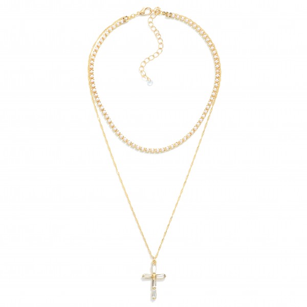 Wholesale layered Necklace Pearl Choker Twist Chain Necklace Rhinestone Cross Pe