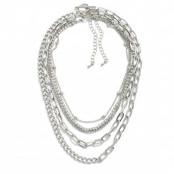 Wholesale layered Metal Multi Chain Necklace Linked Rhinestone Chain T Bar Closu
