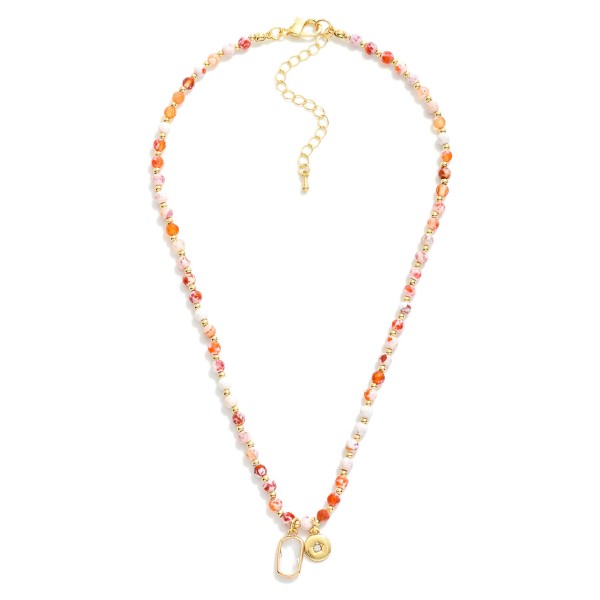 Beaded Stone Necklace Featuring Glass Crystal & Gold Circle Pendant

- Approximately 16" L 
- Extender 3" L