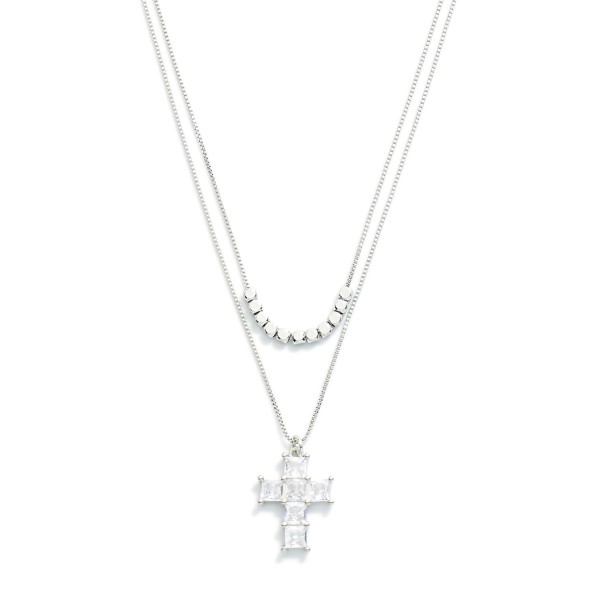 Wholesale layered Box Chain Necklace Metal Beads Cubic Zirconia Cross Pendant L