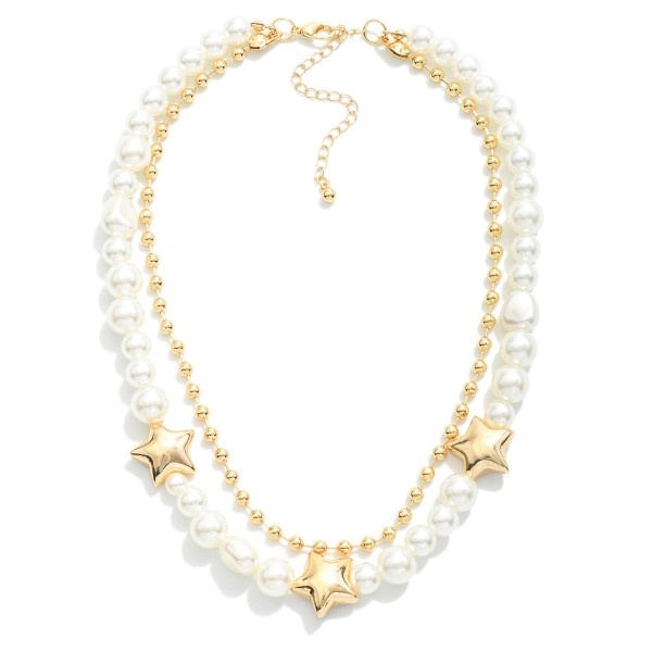 Wholesale layered Pearl Metal Beaded Necklace Metal Star Beads L Extender L