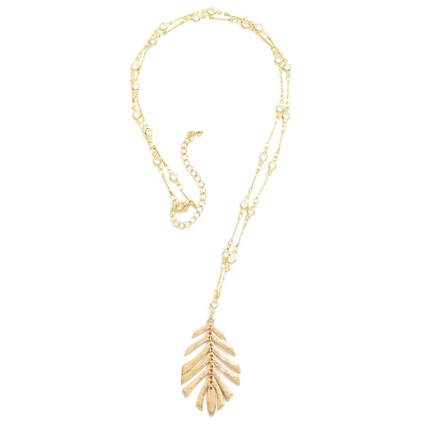 Long Bar Chain Necklace Featuring Linked Leaf Pendant and Rhinestone Stations

- Approximately 26" L
- Extender 3" L