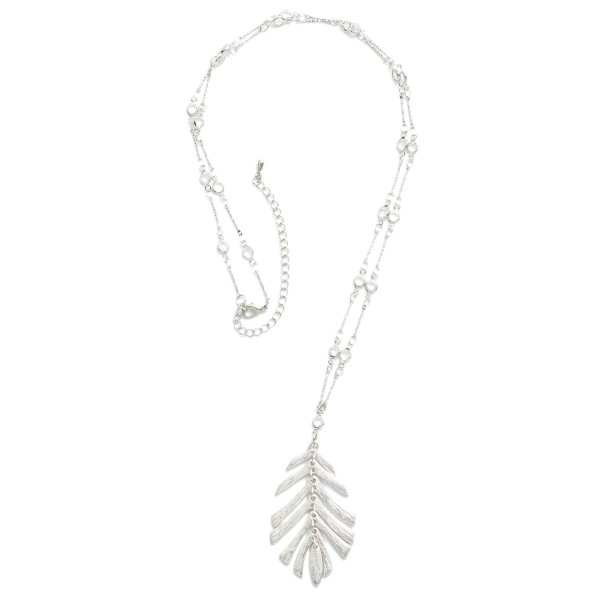 Long Bar Chain Necklace Featuring Linked Leaf Pendant and Rhinestone Stations

- Approximately 26" L
- Extender 3" L