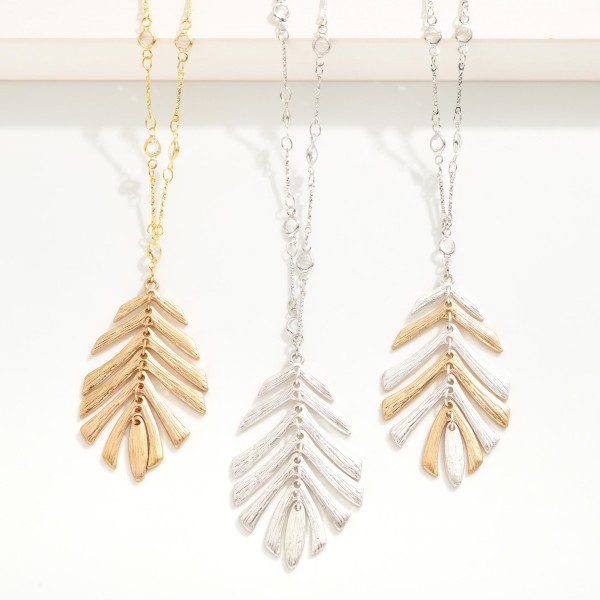 Long Bar Chain Necklace Featuring Linked Leaf Pendant and Rhinestone Stations

- Approximately 26" L
- Extender 3" L