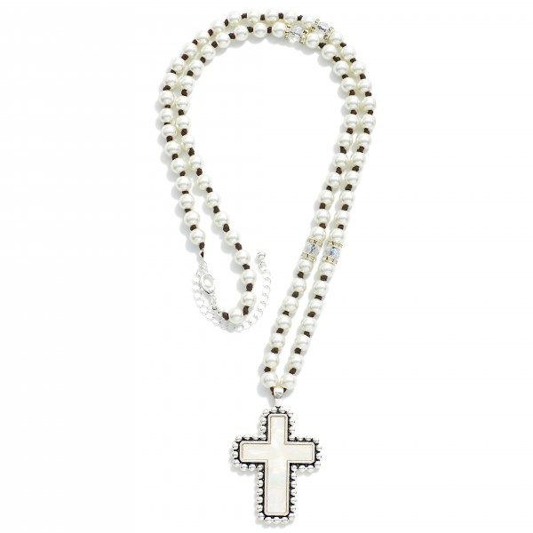 Wholesale long Pearl Beaded Necklace Pearlescent Cross Pendant L Extender L