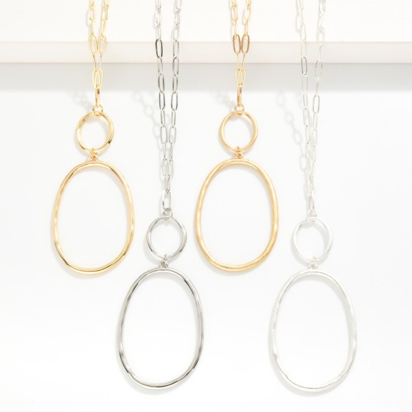 Long Chain Link Necklace Featuring Linked Metal Oval Pendant
- Approximately 32" L
- Extender 3" L