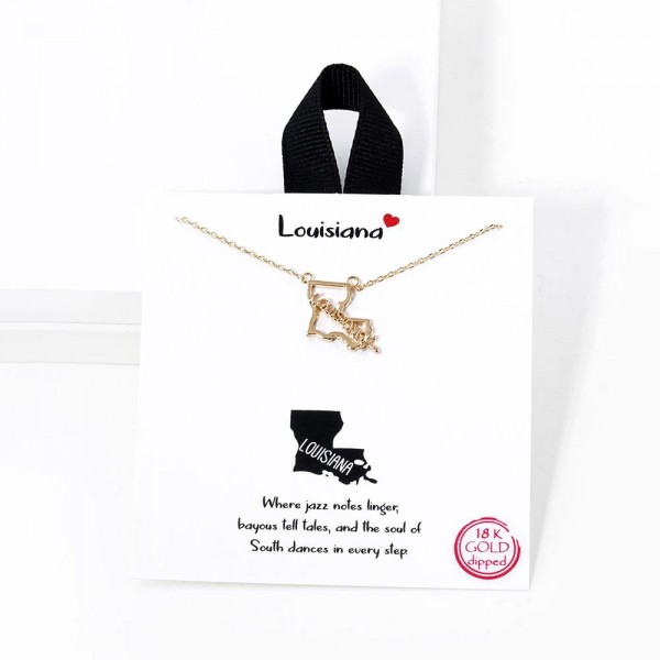 Dainty Chain Link Necklace Featuring Louisiana State Pendant

- Approximately 16" L
- Extender 2" L
- Hypoallergenic Brass Base
- 18K Gold or White Gold Dipped
- Made in Korea
- Card: "Where jazz notes linger, bayous tell tales, and the soul of South dances in every step."