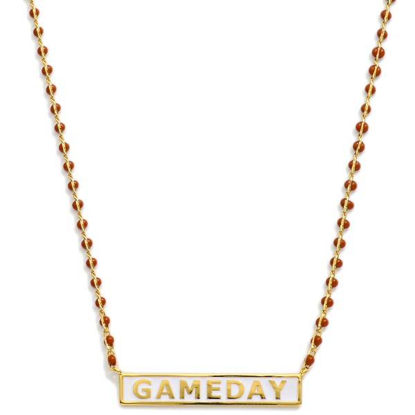 Gold Dipped Chain Link Necklace Featuring Beaded Stations and "GAMEDAY" Bar Pendant 

- Gold Dipped
- Made in Korea
- Approximately 16.5" L
- Extender 1" L