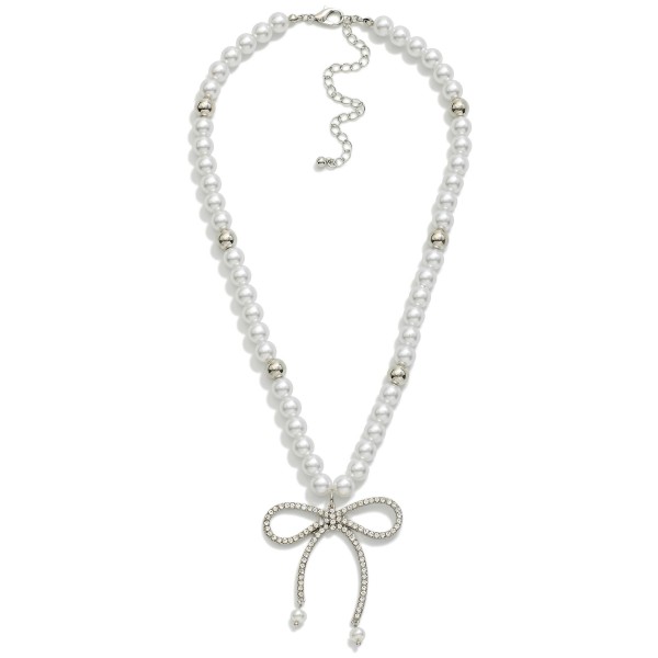 Wholesale pearl Beaded Necklace Metal Tones Rhinestone Studded Bow Pendant L Ext