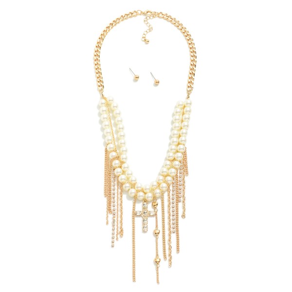 Wholesale chain Link Necklace Layered Pearl Strands Rhinestones Cross Pendant Me