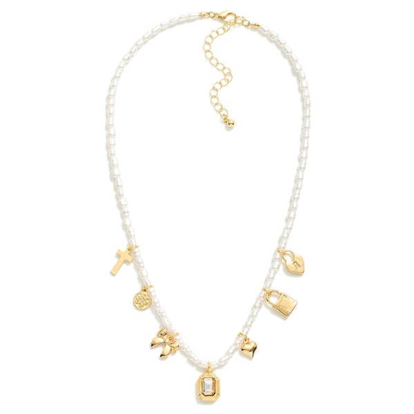 Wholesale pearl Beaded Charm Necklace Metal Charms Rhinestones L Extender L