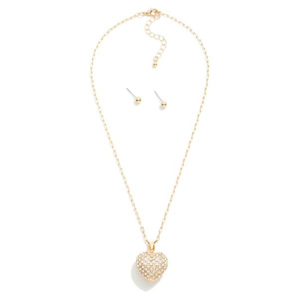 Wholesale paperclip Chain Link Necklace Puffy Rhinestone Pave Heart Pendant Meta