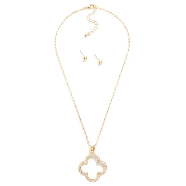 Metal Tone Paperclip Chain Necklace Featuring Hollow Rhinestone Studded Clover Pendant 

- Metal Tone Ball Stud Earrings Included
- Approximately 14" L
- Extender 3" L