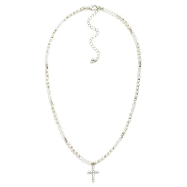 Pearl & Faceted Bead Beaded Necklace Featuring Cubic Zirconia Cross Pendant 

- Approximately 14" L
- Extender 3" L